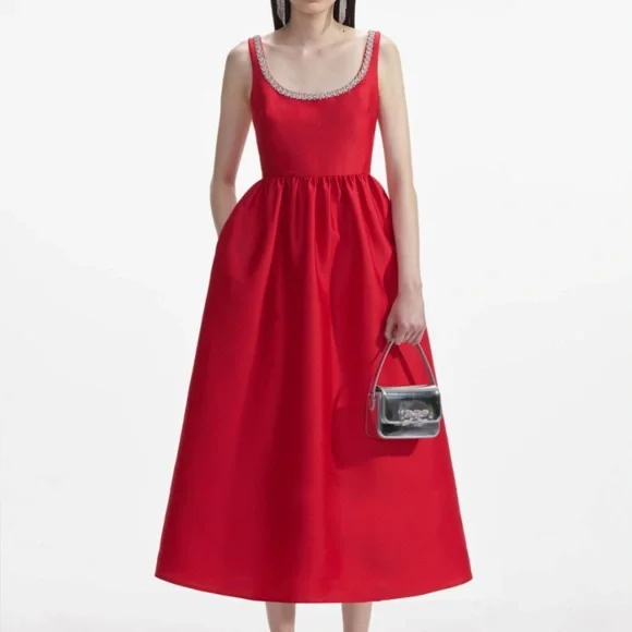 Self-Portrait Red Taffeta Diamante Midi Dress - Size UK 14/ US 10 - Picture 1 of 14